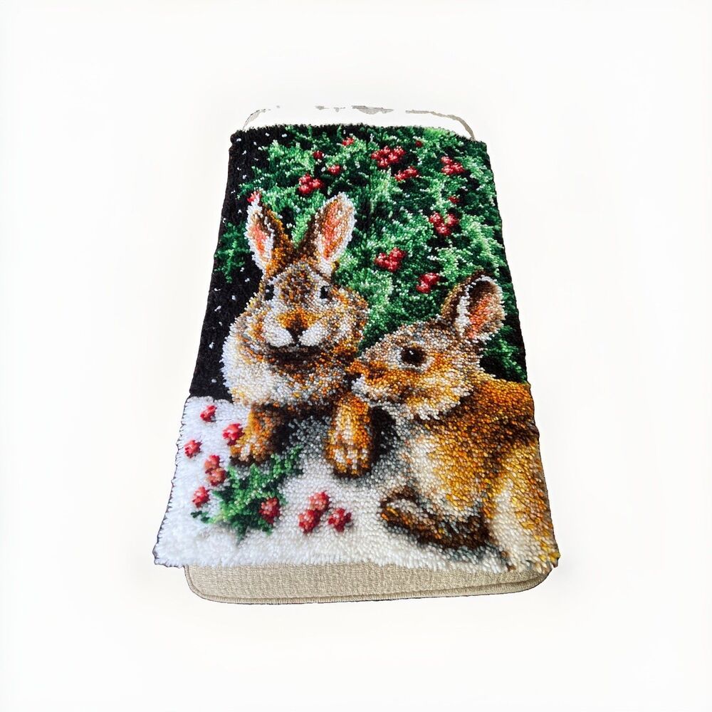 Vintage  Rabbits Latch Hook Yarn Wall Art Home Decor Tapestry Holly